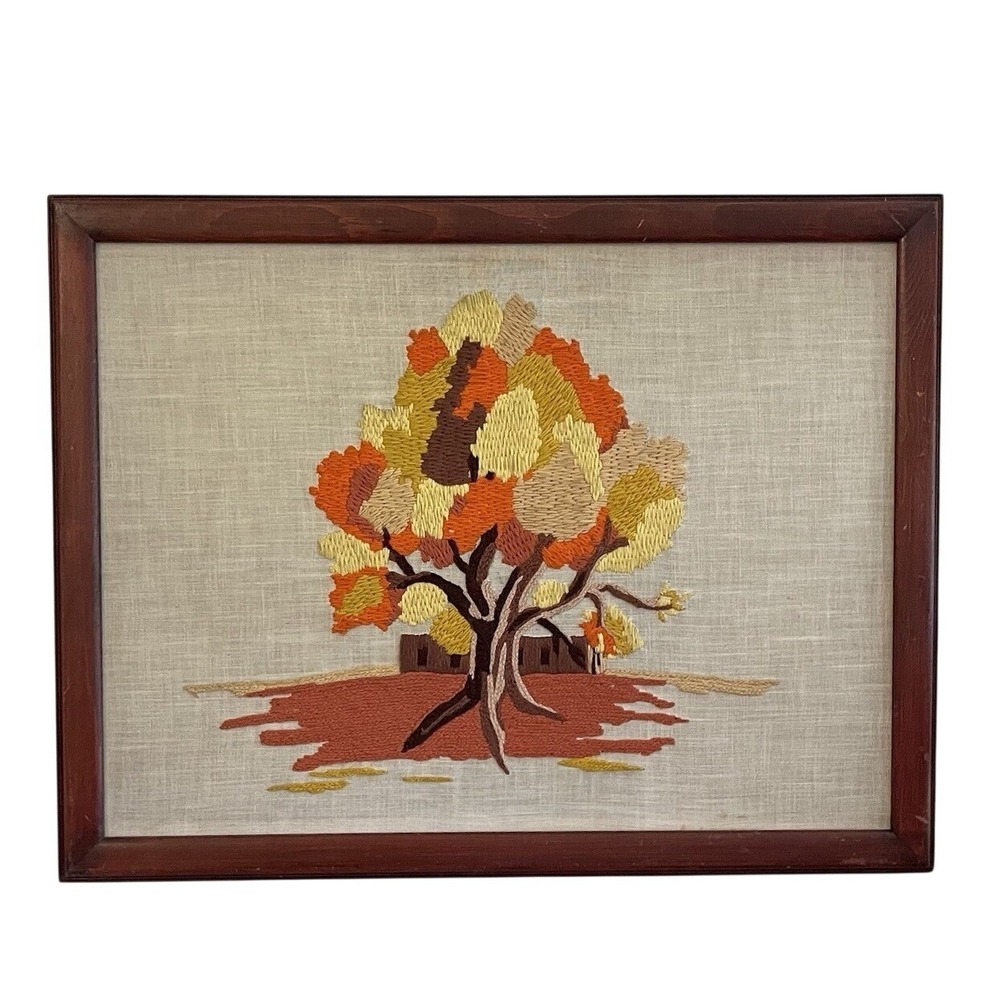 Vtg Crewel Farm House Shabby Chic Fall Trees Orange 20x26 Yarn Wood Frame 70s